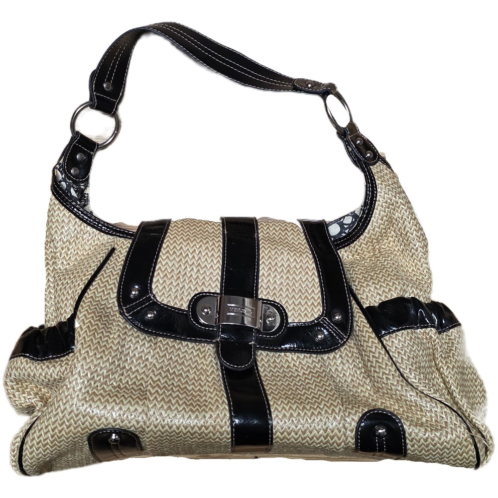 Vintage Merona Straw Shoulder Bag‎ Women's Black Patent Trim Silver Buckle Top